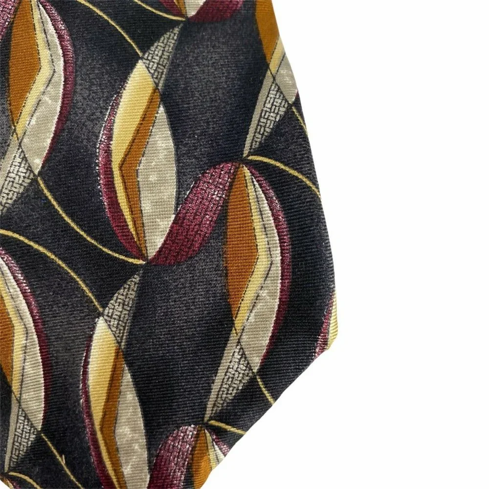George Machado Black Maroon Yellow Tan Silk Tie‎